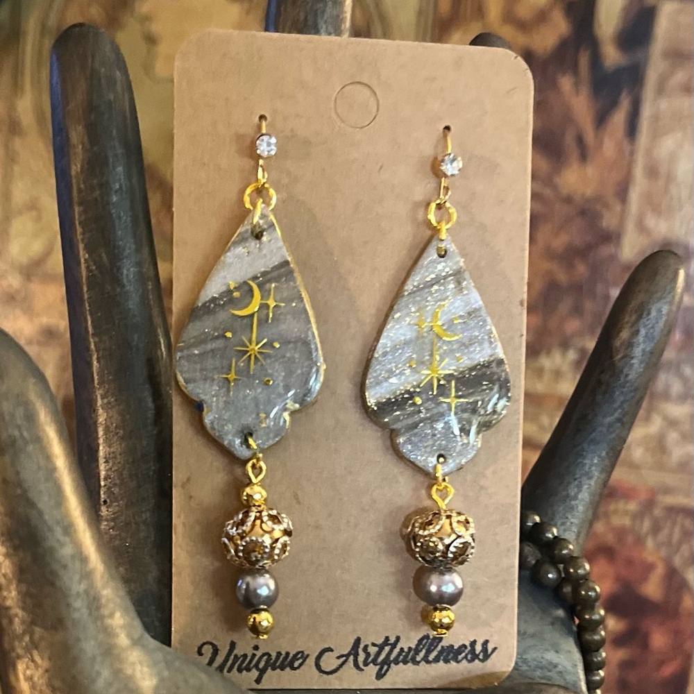 Celestial Gold and Gray Drop Earrings